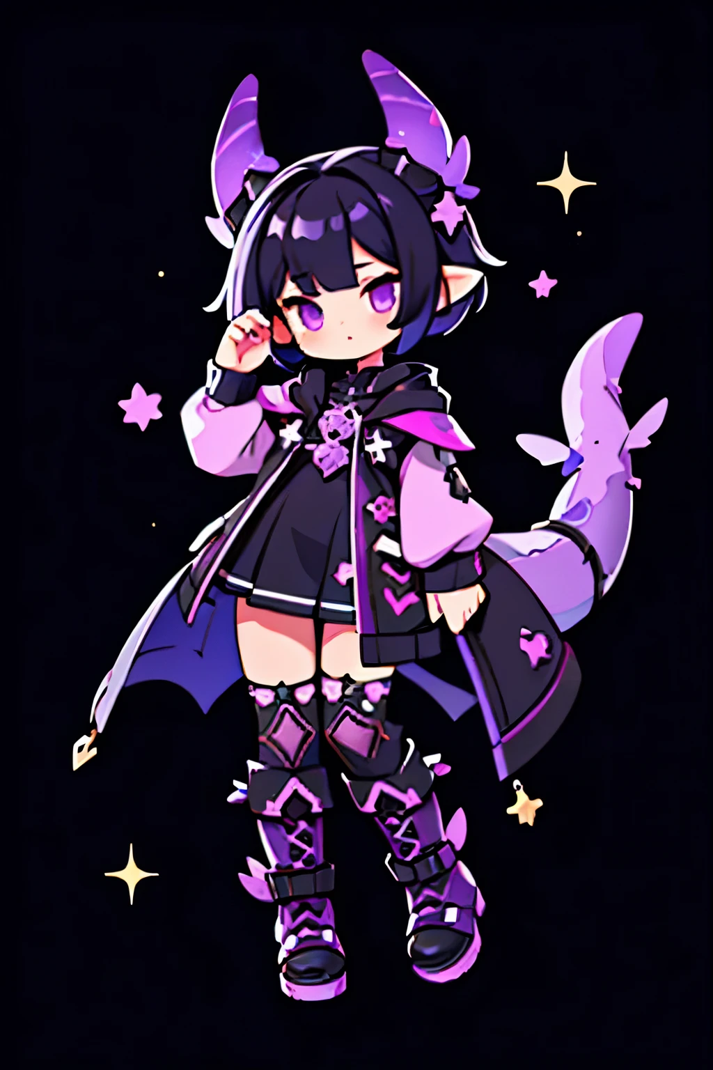 a dragon girl from the universe with short black starry hair with purple and black horns and a black tail with clothes with star details full body with black boots and a star at the tip with a dark purple sock
