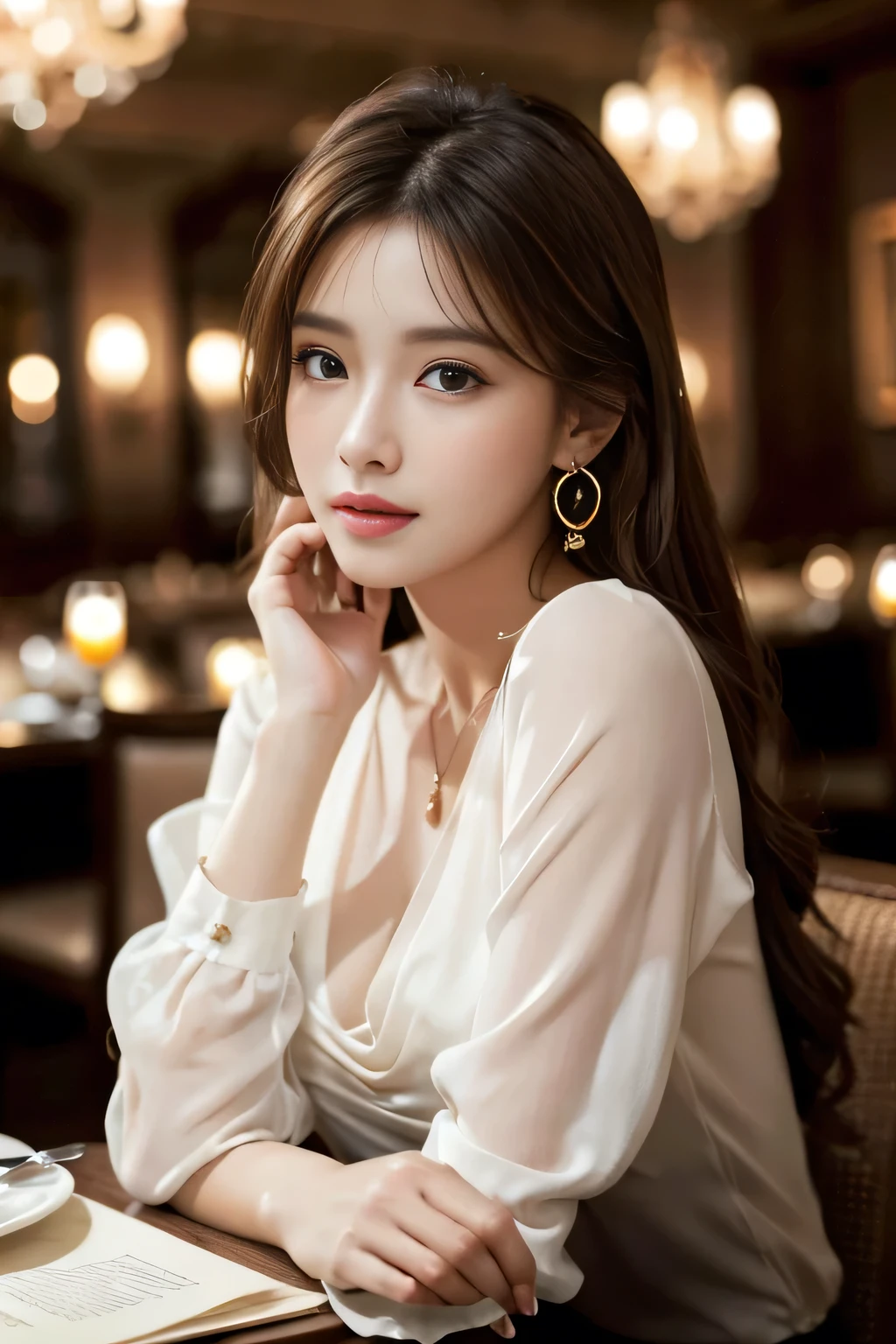 masterpiece, highest quality, Realistic, Very detailed, Finer details, High resolution, 8k wallpaper, One beautiful woman, Wear an elegant see-through blouse, In a great restaurant, At night, Light brown messy hair, Perfect dynamic composition, Beautiful and beautiful eyes、Big earrings、Sitting in a chair、