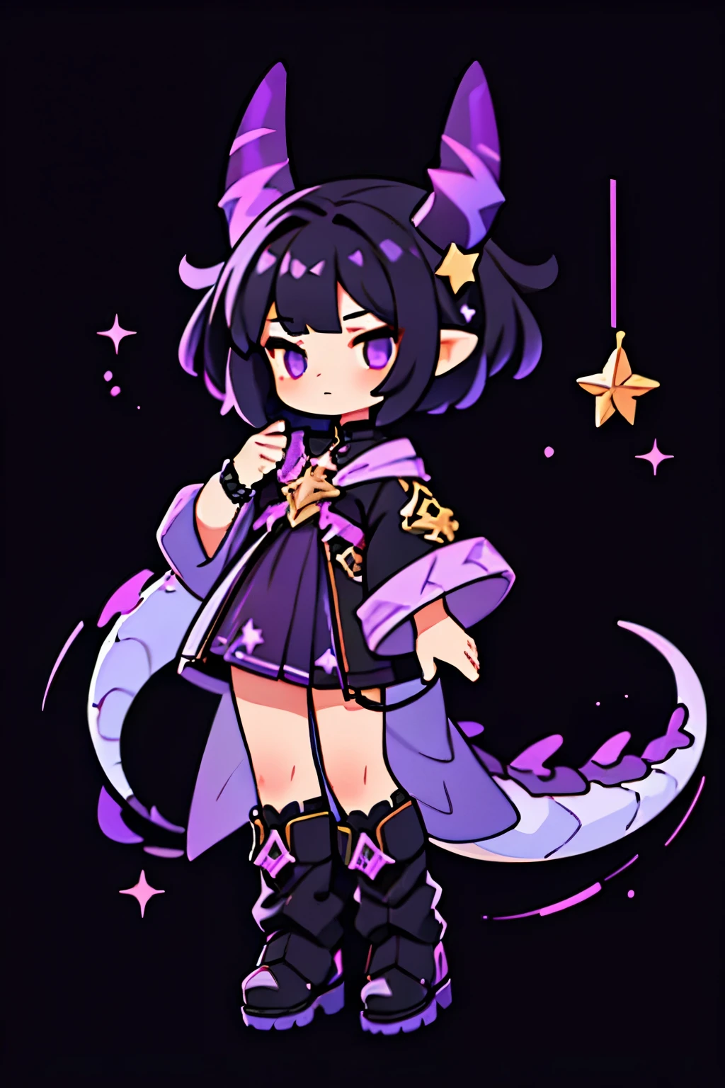 a dragon girl from the universe with short black starry hair with purple and black horns and a black tail with clothes with star details full body with black boots and a star at the tip with a dark purple sock