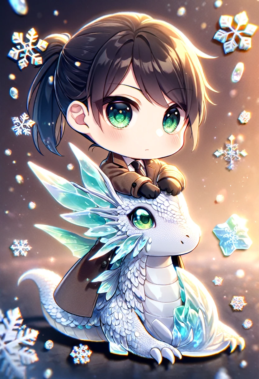 Ultra detailed, HDR, Highres, absurdres, master piece, Ginoza Nobushika chibi, black hair tied in a ponytail, expressive green eyes, Psycho Pass, ice butterflies, winter, ice, snowflakes, white flowers, cute, magical, man, solo, extremely detailed face and eyes, handsome, glittering, fantasy, white shirt, brown coat, black necktie, hugging a ice dragon, black gloves