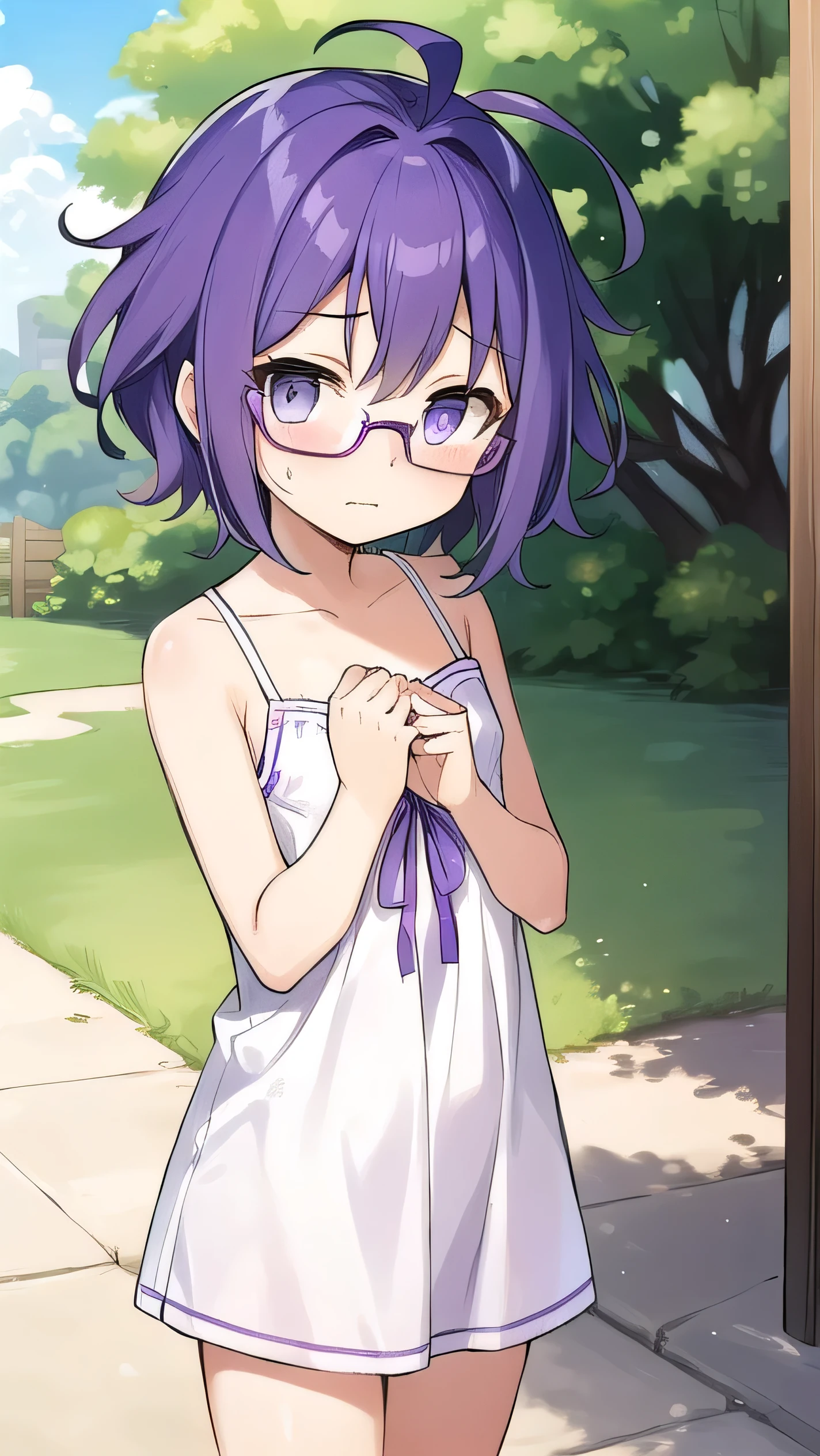 (Purple hair:1.4), gray eyes, , 11 years old, short, short long hair, kind expression, shy, almost no breasts, ahoge, girl alone, , glasses with no edges, embarrassed, flat chest，Light clothes, summer clothes, 