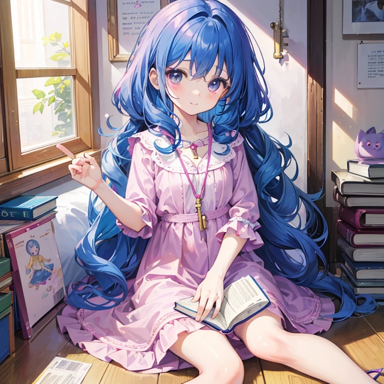 Character for children's book, a happy seven-year-old girl with wavy hair, (blue hair), in pink and lilac dress and a cord around her neck with a key, she is sitting on the floor with a book in her lap