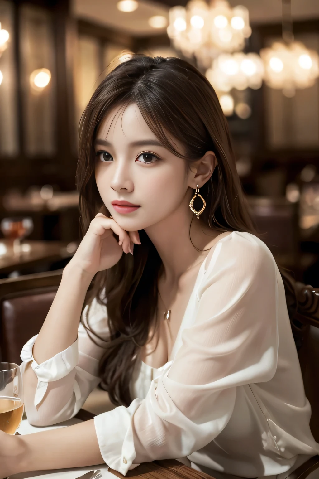 masterpiece, highest quality, Realistic, Very detailed, Finer details, High resolution, 8k wallpaper, One beautiful woman, Wear an elegant see-through blouse, In a great restaurant, At night, Light brown messy hair, Perfect dynamic composition, Beautiful and beautiful eyes、Big earrings、Sitting in a chair、
