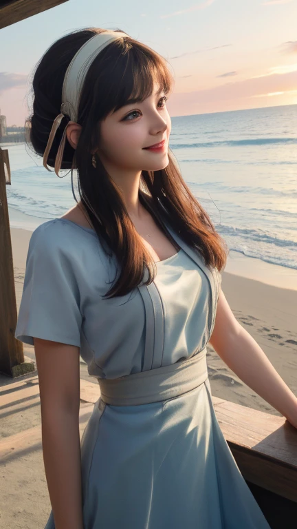 (8k, RAW photograph, highest quality, masterpiece:1.3),(Genuine,photograph:1.37),(Looking at the audience:1.331),Pause,Beachfront,Morning view,sunrise,sunny,One girl,とてもbeautiful顔,small,Hair weight,Fluffy hair,Random representation,Smile with the corners of your mouth,Big eyes,highest quality Hair,((highest quality)), ((masterpiece)), (detailed), whole body、wallpaper、Attention to detail、Perfect balance、Tight waist、Light brown hair、beautiful, Beautiful Skin、beautiful white skin、(masterpiece:1.3), 一眼レフphotograph、Best image quality: 1.4, Soft bust、Cleavage:1.4、30 years old