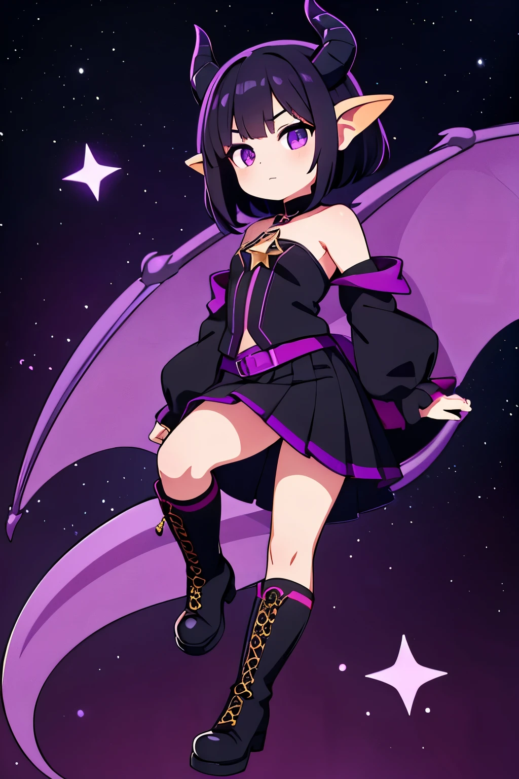 a dragon girl from the universe with short starry black hair with purple and black horns and a black tail with BLACK clothes and a skirt and a purple blouse showing her shoulders with star details full body with black boots and a star at the tip with a sock dark purpleNO SENARIO