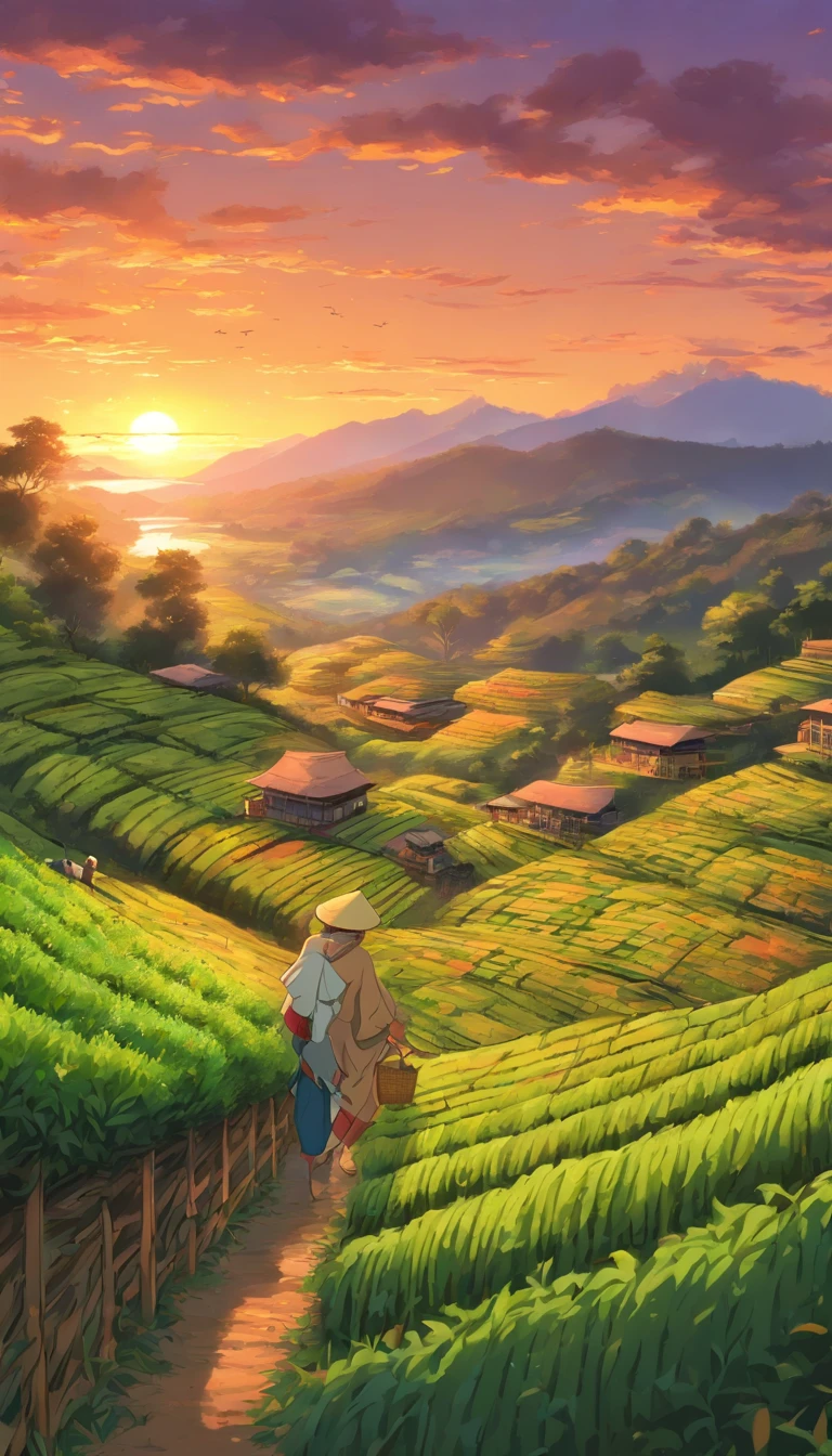 Depict a tranquil sunset scene over Assam’s tea estates. The sky should be painted in warm hues of orange and pink, casting a golden glow over the rolling green hills. Include tea workers heading home with baskets on their backs, creating a peaceful, end-of-day atmosphere.