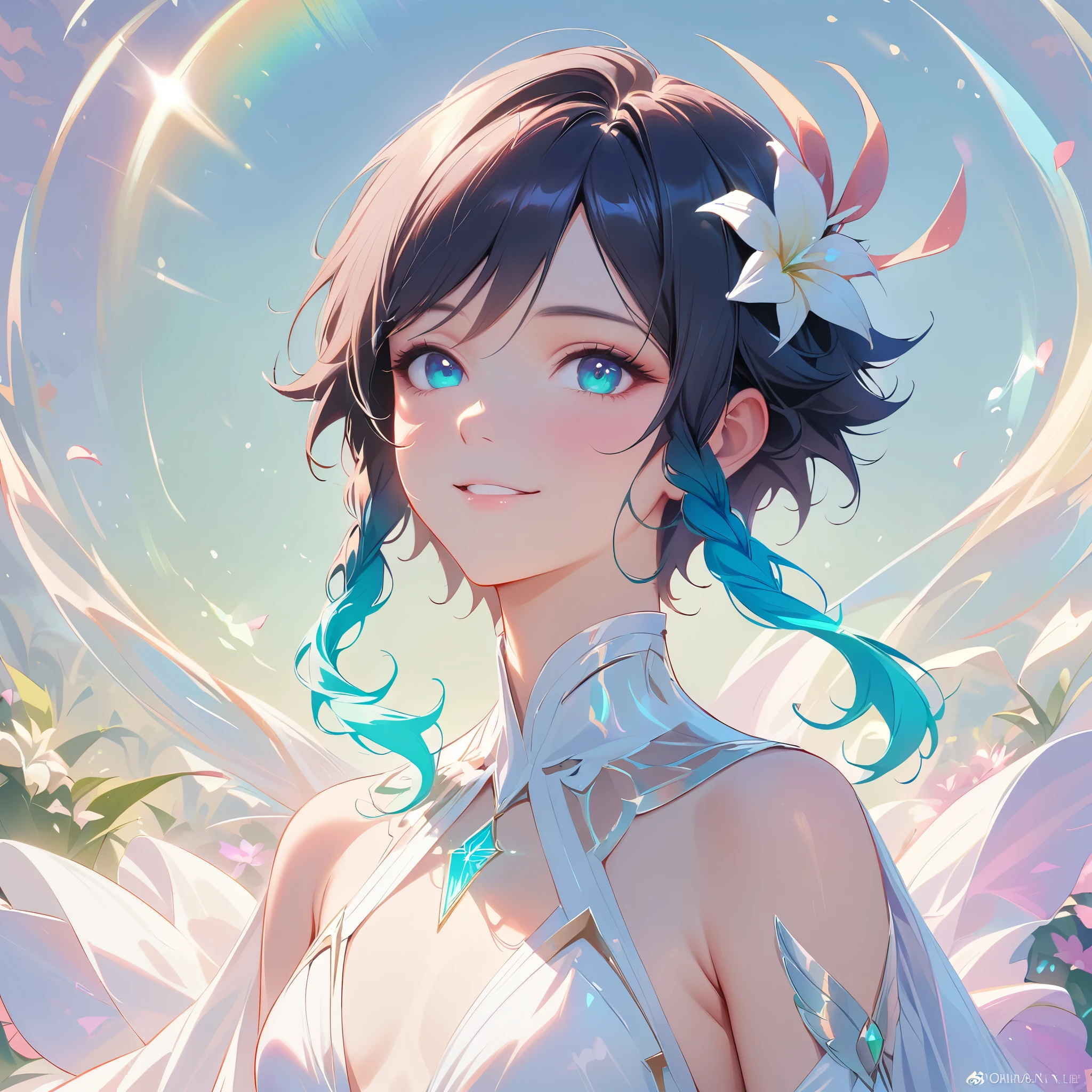 (best quality,4k,8k,highres,masterpiece:1.2),1boy,venti,genshin impact,black hair,ultra-detailed,realistic,wearing simple white goddess gown,morning of spring,sunlight reflection,intricate details,delicate,vibrant color palette,hourglass figure,elegant curves,effects of light and shadow,subtle reflections,face focus,sharp focus,flower petals falling,ethereal atmosphere,elysium,morning dew,soft sunlight filtering through trees,lush plant life,vividly colored blossoms,harmonious blend of nature and art,transcendent beauty,awe-inspiring artwork,time goddess next to floating hourglass, smiling,flat chest,navy gradient hair