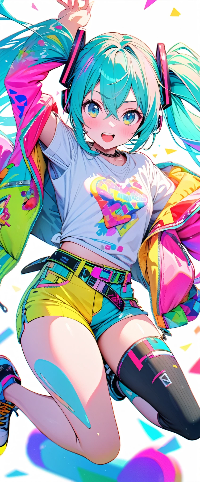 hatsune_miku, jumping, pop clothes, belt on right leg, colorful, bright, perfect hand, simple white background, ultra detailed, 8k