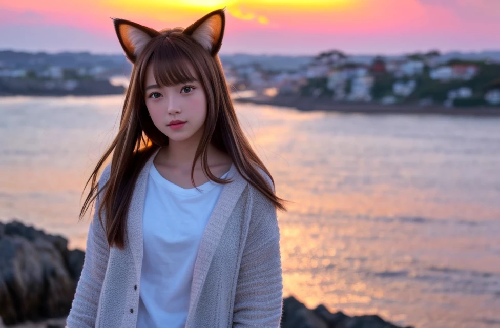 8k、highest quality、Like a real photo、masterpiece、Product quality, One girl,, Young and beautiful woman in Japan, Long Bob Hair, Attractive appearance,, High resolution, High detail, Detailed hairstyle, Detailed face, Spectacular movie lighting, Octane Rendering, Vibrant, Ultra-realistic, Perfect limbs, Perfect Anatomy、17 years old、Cat ears on the head、Her hair is light brown.、Cool clothes、The background is the coast at sunset、fireworks in the distant sky、A human being who is a combination of a cat and a girl、Natural color lip、Attractive eyes、The color of the cat&#39;s ears is dark brown.、Eye color is blue、The ears are hidden by the hair、Double teeth、Yawning