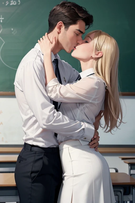 White shirtを描き足す, 8K, highest quality, masterpiece, Ultra-high resolution, classroom, ((One male teacher)), White shirt, Black slacks, ((Deep Kiss)), ((Embrace each other)), (One female student), White blouse, Navy Skirt