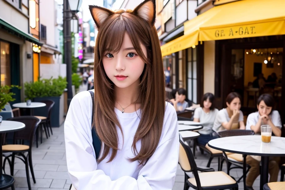 8k、highest quality、Like a real photo、masterpiece、Product quality, One girl,, Young and beautiful woman in Japan, Long Bob Hair, Attractive appearance,, High resolution, High detail, Detailed hairstyle, Detailed face, Spectacular movie lighting, Octane Rendering, Vibrant, Ultra-realistic, Perfect limbs, Perfect Anatomy、、Cat ears on the head、Her hair is light brown.、Cool clothes、The background is a café terrace、A human being who is a combination of a cat and a girl、Natural color lip、Attractive eyes、The color of the cat&#39;s ears is dark brown.、Eye color is blue、The ears are hidden by the hair、Double teeth、Yawning