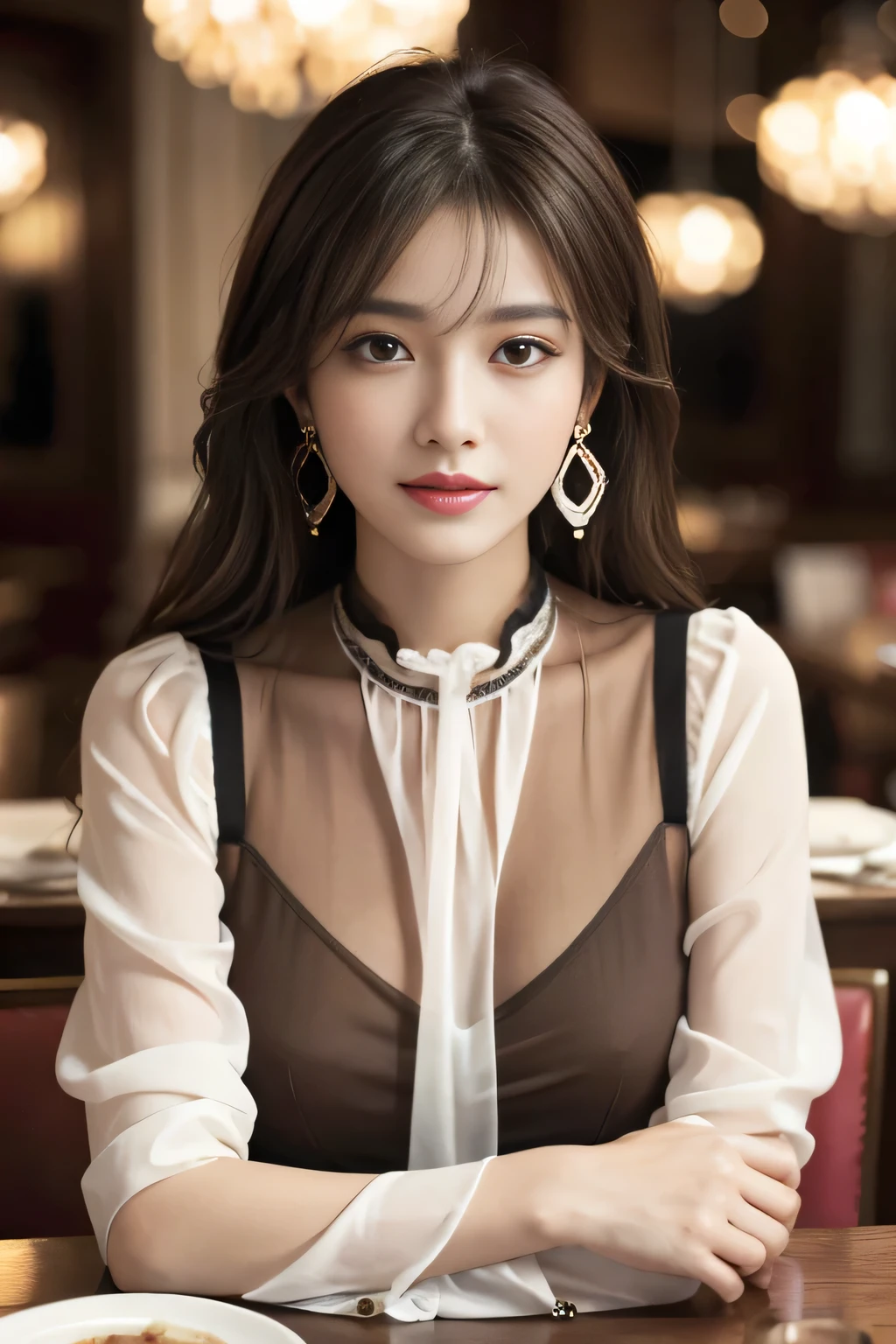 masterpiece, highest quality, Realistic, Very detailed, Finer details, High resolution, 8k wallpaper, One beautiful woman, Wear an elegant see-through blouse, In a great restaurant, At night, Light brown messy hair, Perfect dynamic composition, Beautiful and beautiful eyes、Big earrings、Sitting in a chair、