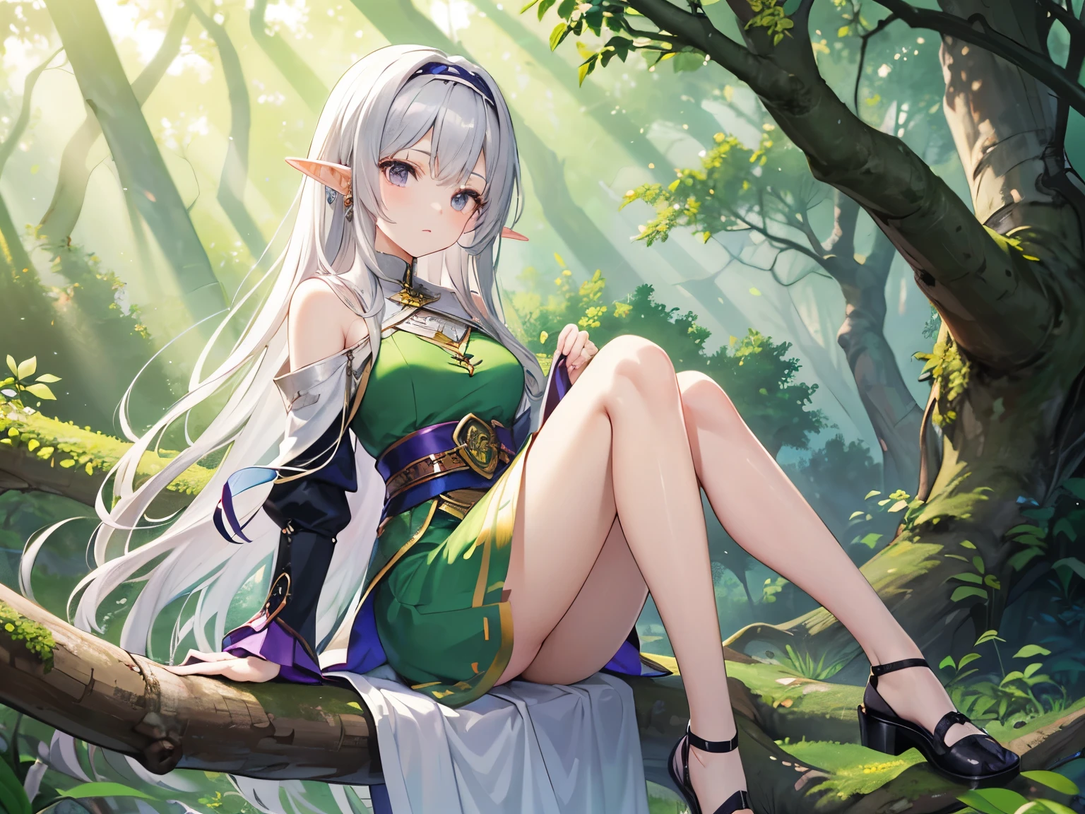 ((silver hair)), long hair, very long hair, jewelry, purple hairband, long pointy ears, anime, ((masterpiece)), (textured skin), (super detail), award winning, (best quality), elf, fantasy novel, in forest, Sunbeams filtering through the trees, (green dress), whole body, beautiful legs, sitting on the branch of a large tree