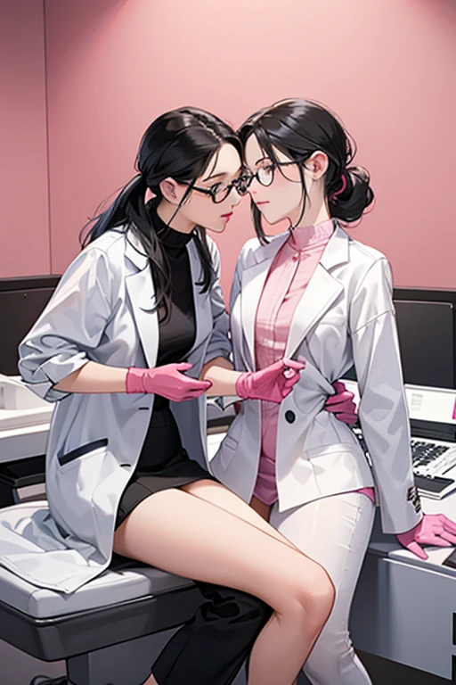 Two mature women with glasses and black hair tied up in white lab coats make love passionately in the examination room while wearing pink rubber gloves