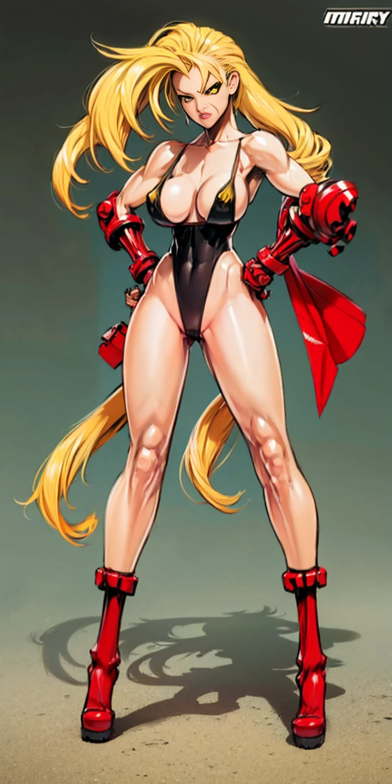 ((plain background)) Cammy White Street Fighter 7th full body 1sologirl barefoot feet together, hands on hips red gloves gauntlets, 1piece yellow bikini slingshot