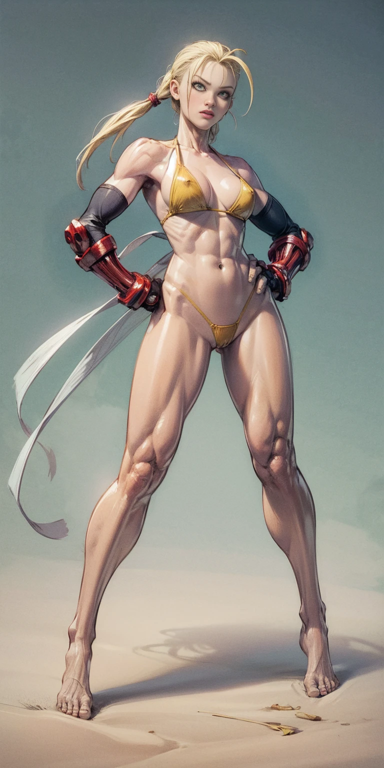 ((plain background)) Cammy White Street Fighter 7th full body 1sologirl barefoot feet together, hands on hips red gloves gauntlets, 1piece yellow bikini slingshot