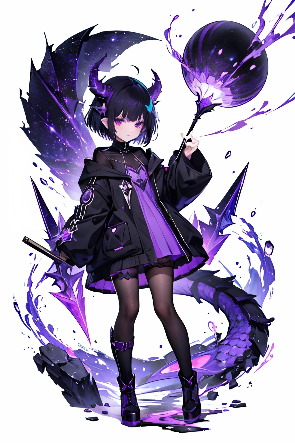 a dragon girl from the universe with short black starry hair with purple and black horns and a black tail with clothes with star details full body with black boots and a star at the tip with a dark purple sock