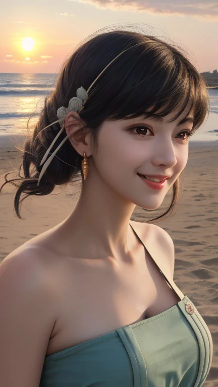(8k, RAW photograph, highest quality, masterpiece:1.3),(Genuine,photograph:1.37),(Looking at the audience:1.331),Pause,Beachfront,Morning view,sunrise,sunny,One girl,とてもbeautiful顔,small,Hair weight,Fluffy hair,Random representation,Smile with the corners of your mouth,Big eyes,highest quality Hair,((highest quality)), ((masterpiece)), (detailed), whole body、wallpaper、Attention to detail、Perfect balance、Tight waist、Light brown hair、beautiful, Beautiful Skin、beautiful white skin、(masterpiece:1.3), 一眼レフphotograph、Best image quality: 1.4, Soft bust、Cleavage:1.4、30 years old