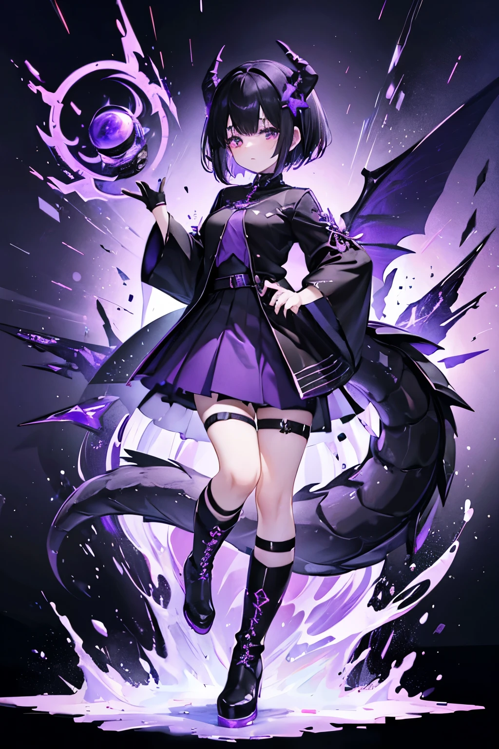 a dragon girl from the universe with short starry black hair with purple and black horns and a black tail with BLACK clothes and a skirt with star details full body with black boots and a star at the tip with a dark purple sock