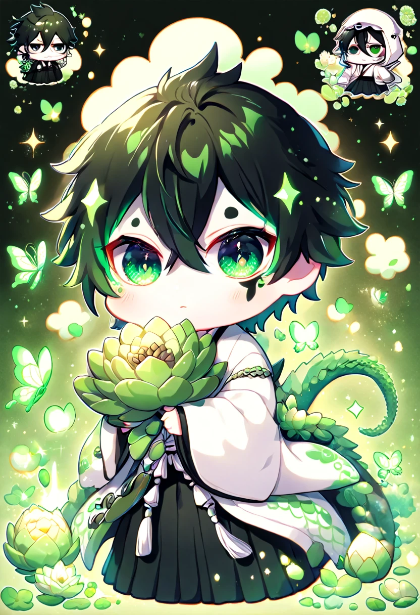 absurdres, highres, ultra detailed, HDR, master piece, best quality, Ulquiorra Cifer chibi, black hair, expressive green eyes, bleach, pale skin, cute, hugging a dragon, white haori, black kimono, patterns, magical, fantasy, green background, green lotus, shining, green petals, green glittering butterflies