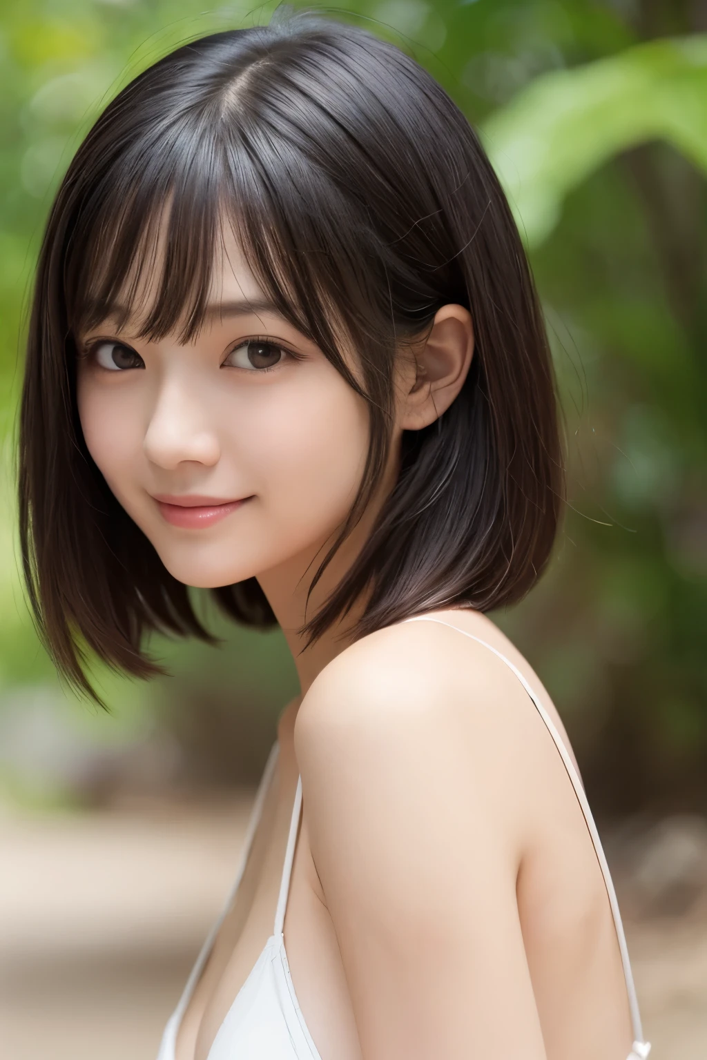 Beautiful, natural, lustrous lips、short hair、Very short hair、Short cut、日本人の一人のgirl、（Beauty、繊細なgirl：1.3）、（20-year-old：1.3）、break、（Upper body from the waist up、Micro Bikini：1.3）、break、Very fine grain definition、（Symmetrical eyes：1.3）、break、（Beautiful sea and white sand：1.3）、break、Small breasts、Emerald Eyes、Parted bangs、Brown Hair、girl、break、（Eye and facial details：1.0）、break、（masterpiece、highest quality、Super detailed、Detailed face、8k）、Smile、とてもSmall breasts、