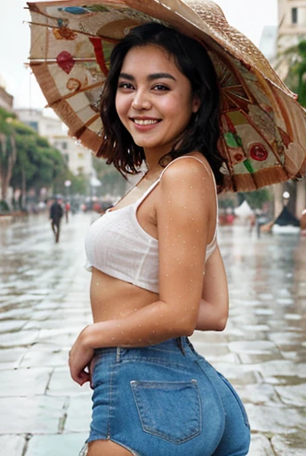 18-year-old Mexican girl, slim complexion with a somewhat large bust, a medium and firm butt, wet in a plaza in Mexico with rain, smiling at the person in front with a look of love, sending a kiss with a face worthy of a youthful model with casual clothes. a romantic date with an umbrella