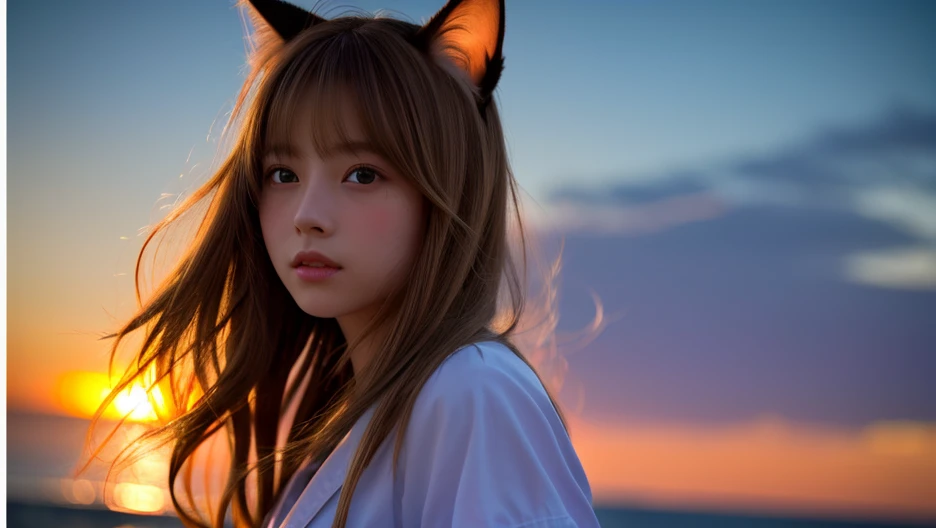 8k、highest quality、Like a real photo、masterpiece、Product quality, One girl,, Young and beautiful woman in Japan, Long Bob Hair, Attractive appearance,, High resolution, High detail, Detailed hairstyle, Detailed face, Spectacular movie lighting, Octane Rendering, Vibrant, Ultra-realistic, Perfect limbs, Perfect Anatomy、17 years old、Cat ears on the head、Her hair is light brown.、Cool clothes、The background is the coast at sunset、fireworks in the distant sky、A human being who is a combination of a cat and a girl、Natural color lip、Attractive eyes、The color of the cat's ears is dark brown.、Eye color is blue、The ears are hidden by the hair、Double teeth、Yawning