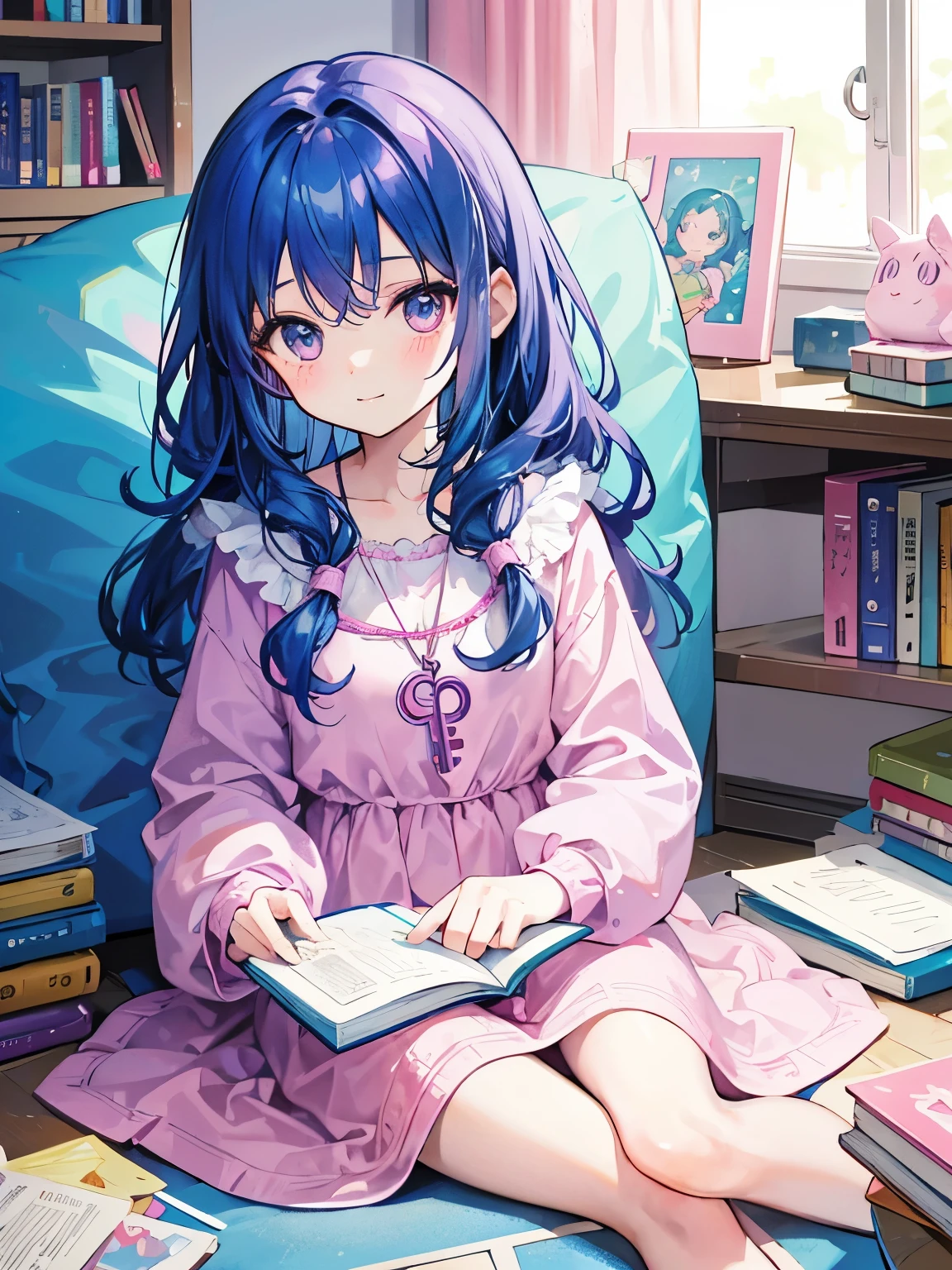 Character for children's book, a happy seven-year-old girl with wavy hair, (blue hair), in pink and lilac dress and a cord around her neck with a key, she is sitting on the floor with a book in her lap