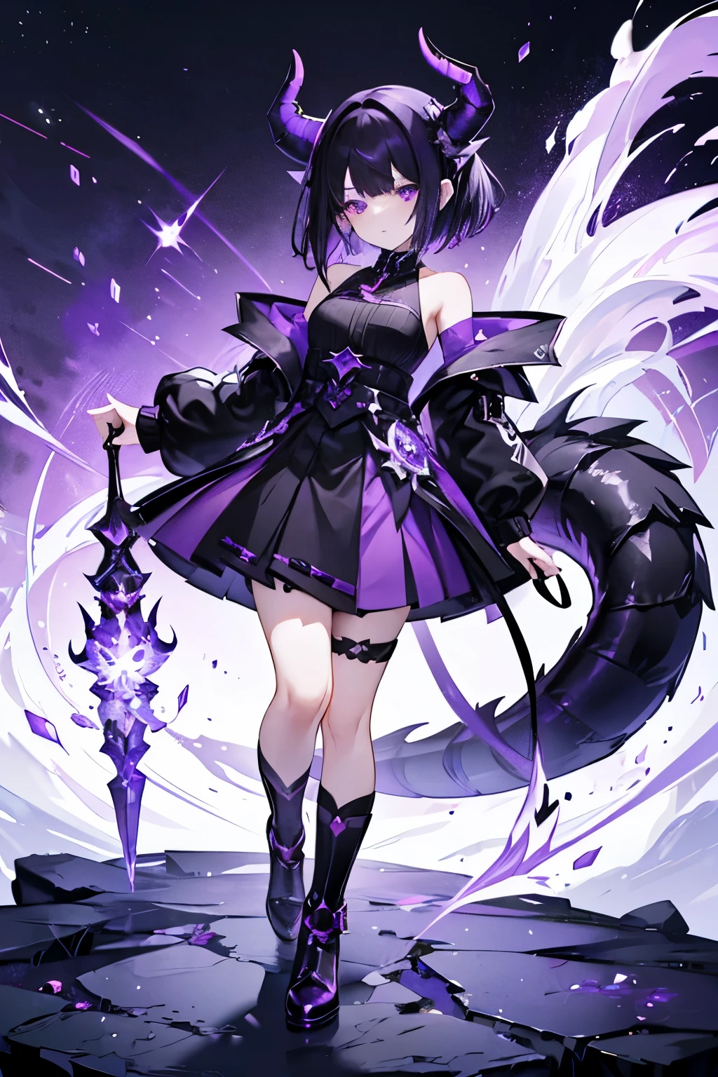 a dragon girl from the universe with short starry black hair with purple and black horns and a black tail with BLACK clothes and a skirt and a purple blouse showing her shoulders with star details full body with black boots and a star at the tip with a sock Dark purple