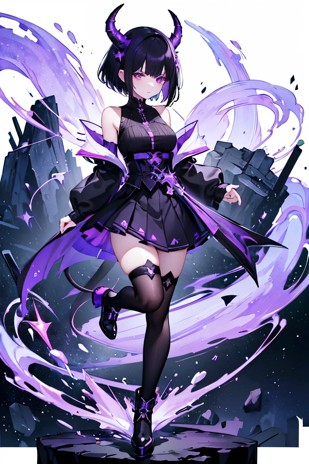 a dragon girl from the universe with short starry black hair with purple and black horns and a black tail with BLACK clothes and a skirt and a purple blouse showing her shoulders with star details full body with black boots and a star at the tip with a sock Dark purple