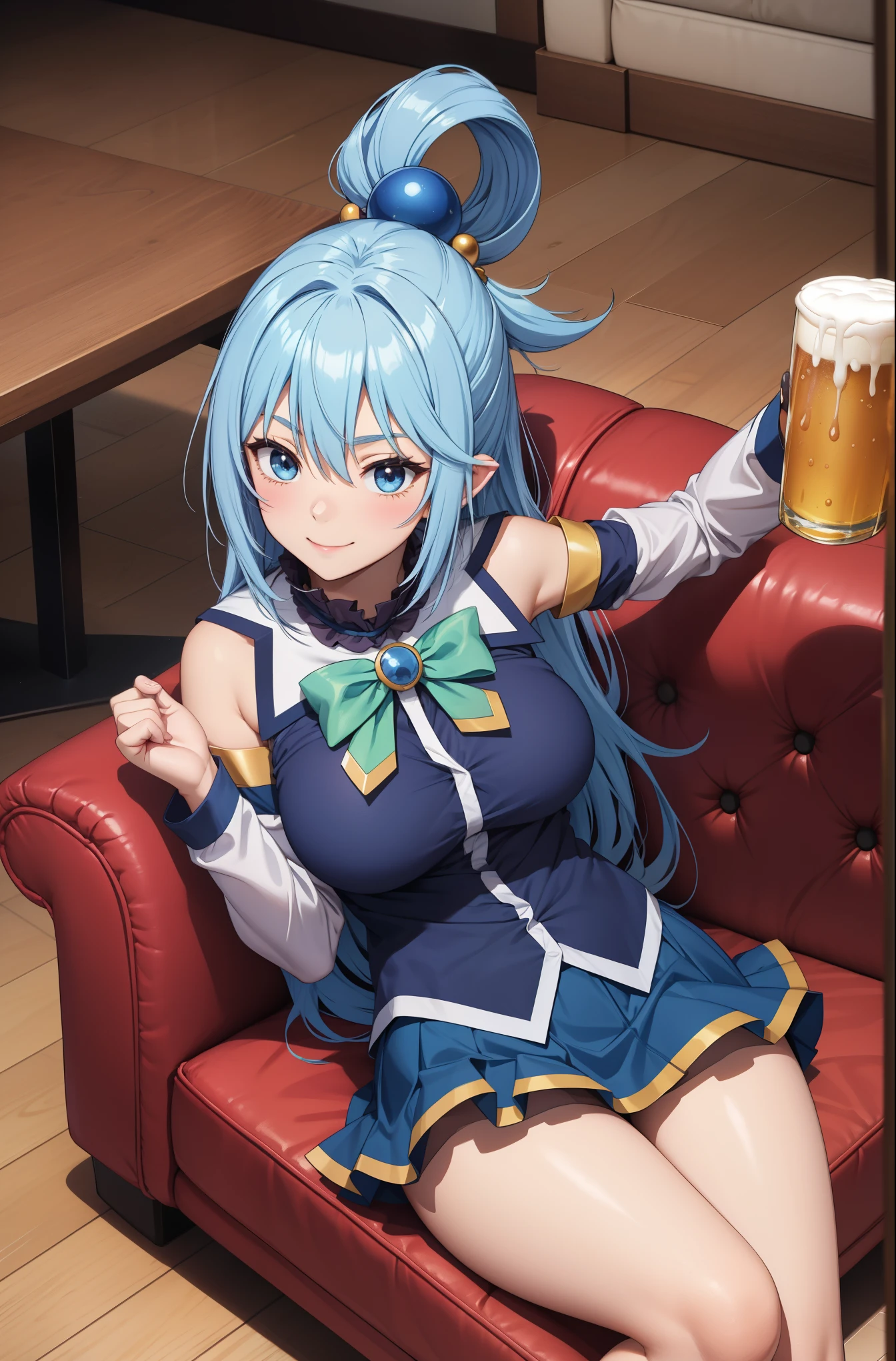 konosubaaqua, goddess of water, long blue hair with waves like waves, deep blue eyes like the sea, hair ornament, pretty hair, blue hair, hair rings, lying lazily on a sofa, mischievous smile, conceited, very short skirt with waves, white stripes under the skirt, blue button-down shirt, exposed thighs, bare shoulders, separated sleeves, white thighs, legs open and separated, lying on the sofa with her arms and legs legs apart, very short skirt shows off her curves, dark blue shirt, green bow decoration on the neck, indoors, home, alcoholic drink on the floor, beer, mug, holding the cup, drinking, looking at the viewer, shot of cowboy, dutch angle,
 