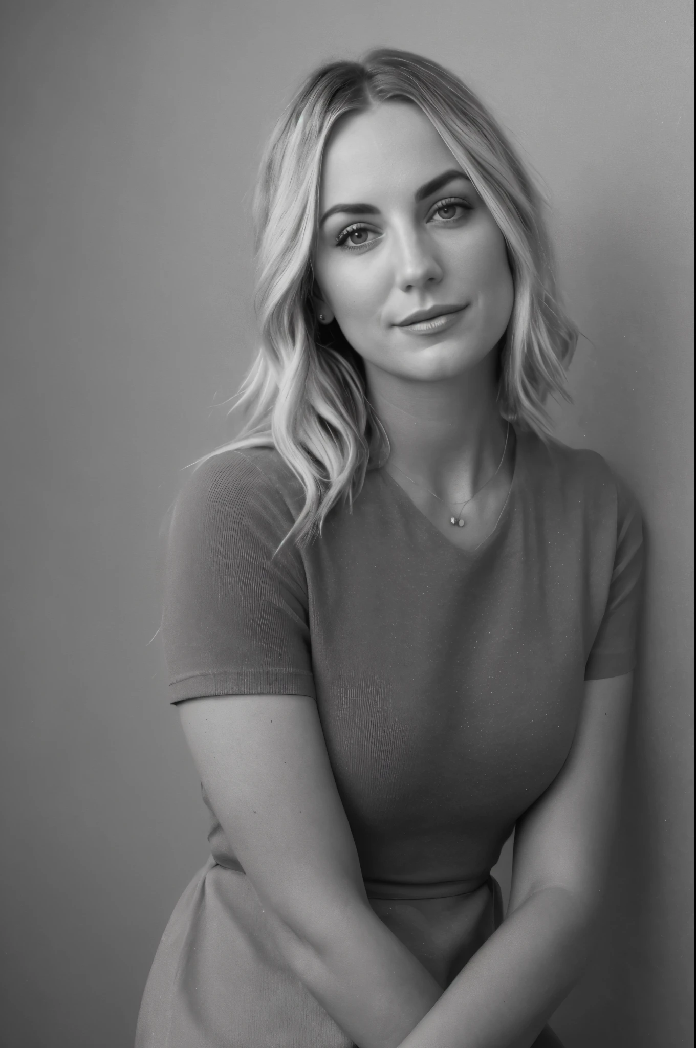 25 year old girl, (Kaley Cuoco:0.8), (Camilla Belle:0.9), (eugenie bouchard:0.7), party dresbeauty, beautiful girl, black and white photography, hard contrast, hard shadows,smirk, cute makeup, shirt dress,