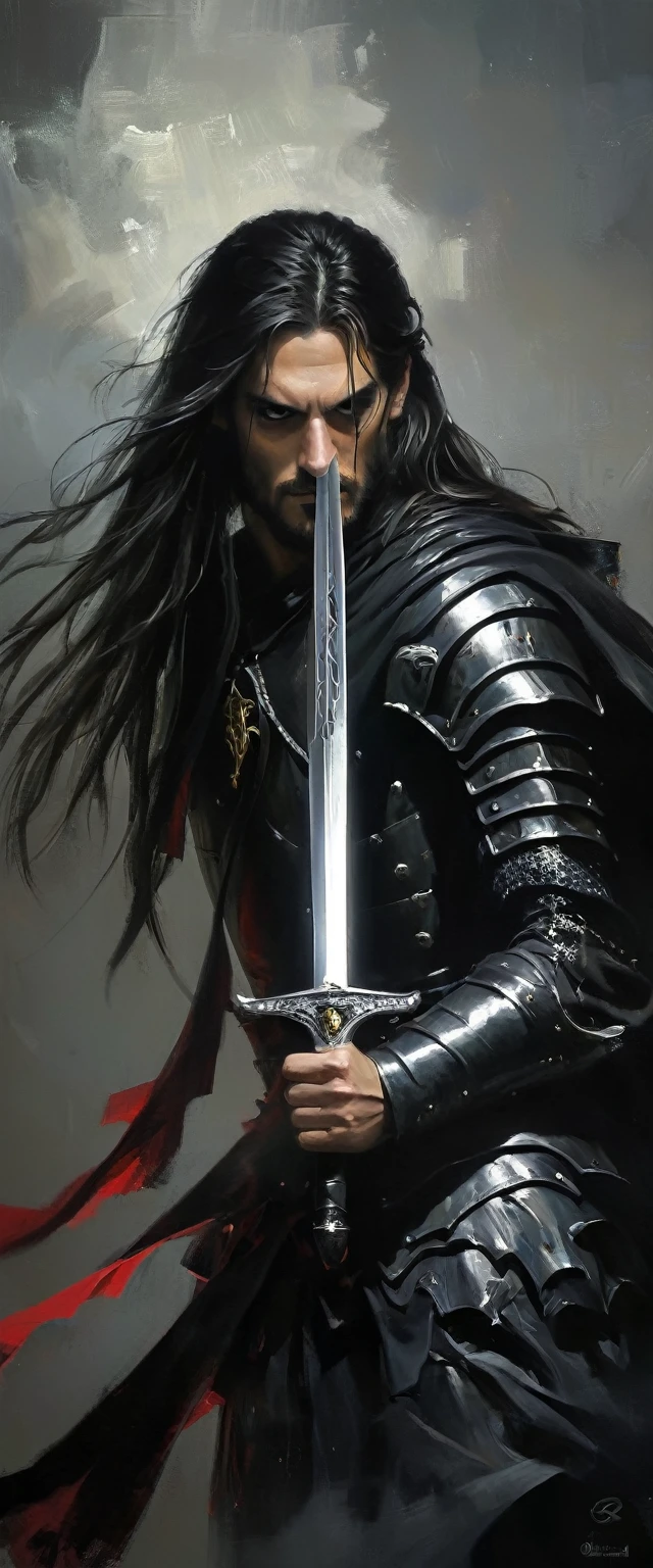 Soldado romano bonito armadura negro com espada preta e foice, retratos, oil painting, detalhes finos, atmosfera misteriosa, sharp focus, Alto contraste, dramatic lighting, Imagem em preto e branco, discreet lighting, vivid eyes, Long flowing hair, sinister expression ,assustadoramente lindo,Gothic style