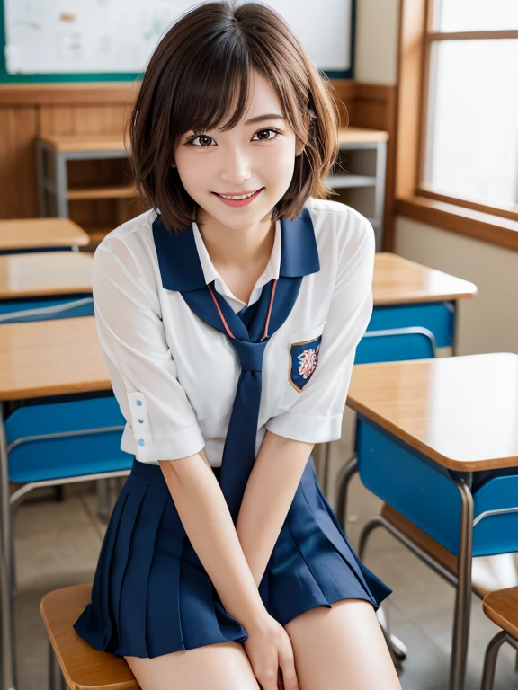 Tabletop, highest quality, Japanese Girls,1 girl, 8k, RAW Photos, highest quality, Tabletop, Highly detailed RAW color photos, professional photos, (Realistic, Realistic:1.37), (Highly detailed skin:1.2), Ultra-high resolution, (Lenz 50mm), (f/1.2),Exquisitely drawn eyes,
1 girl , beautiful face, cute,(smile:1.05),(18-year-old, Small breasts,Straight hair, (short hair), black eye, white and fine skin,Small Mouth,(leaning forward:1.3),(The to the FW:1.1)、Japanese Idol、Nogizaka Idol、(Tabletop, highest quality:1.3), (Ultra-detailed 8k CG:1.2), (超Realistic:1.35), (Realistic:1.45), (Realistic:1.4), Cowboy Shot,From above、High angle、
1人の美しいJapanese Girls, 18-year-old, Supermodel, Japanese Idols, __Performance__, Small breasts, (school uniform:1.4), (Spread your legs:1.2),
(School classroom background:1.1),Short Bob、All buttons on clothes are unbuttoned, Knee-high socks、profile、Beautiful clavicle、Cleavage:1.4