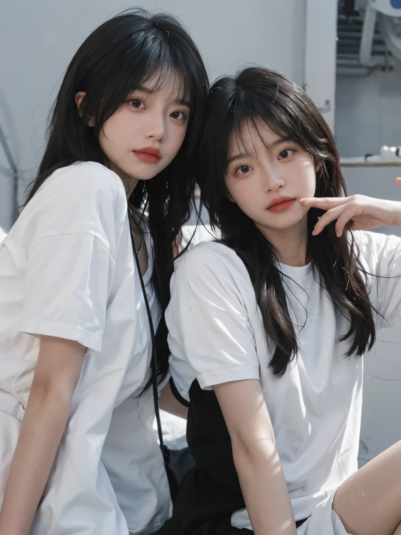 best quality， ultra high resolution， White background，16K，（realistically：1.4）， 2 girls， White short sleeves，twin，A pair of eyes as clear as snow,Royal sister，looking at the audience， close up ，