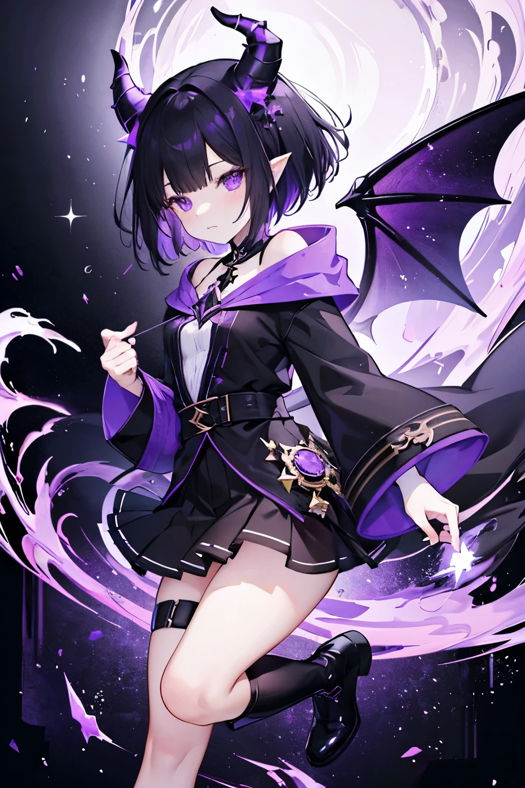 a dragon girl from the universe with short starry black hair with purple and black horns and a black tail with BLACK clothes and a skirt with star details full body with black boots and a star at the tip with a dark purple sock without senario 