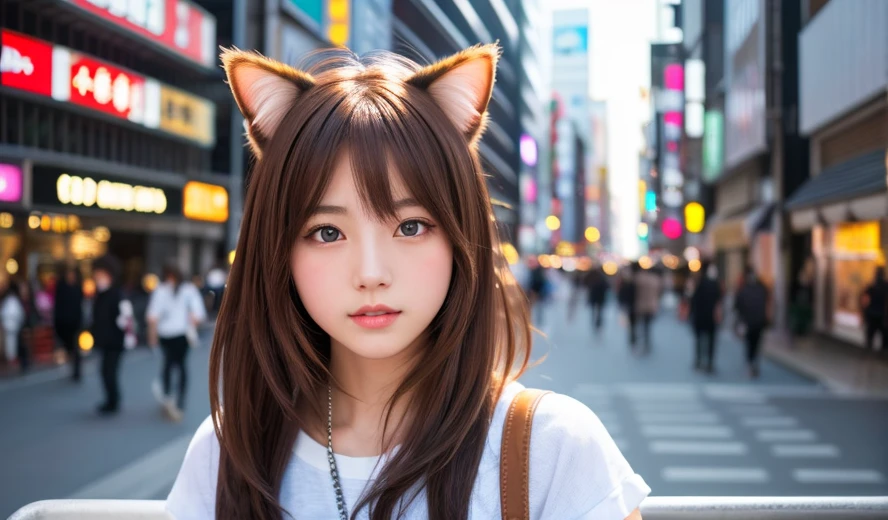 8k、highest quality、Like a real photo、masterpiece、Product quality, One girl,, Young and beautiful woman in Japan, Long Bob Hair, Attractive appearance,, High resolution, High detail, Detailed hairstyle, Detailed face, Spectacular movie lighting, Octane Rendering, Vibrant, Ultra-realistic, Perfect limbs, Perfect Anatomy、17 years old、Cat ears on the head、Her hair is light brown.、Cool clothes、The background is a cityscape、A human being who is a combination of a cat and a girl、Natural color lip、Attractive eyes、The color of the cat&#39;s ears is dark brown.、Eye color is blue、The ears are hidden by the hair、Double teeth、Yawning