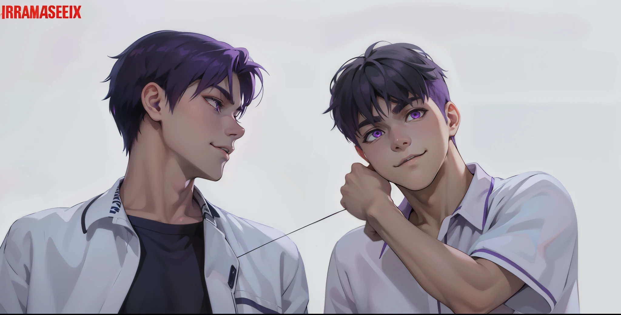 (estilo anime 2d plano)cute 16 year old boy speaks evil with hate with a mischievous smile malevolent irony purple hair purple eyes aura of evil he is dangerous murderer