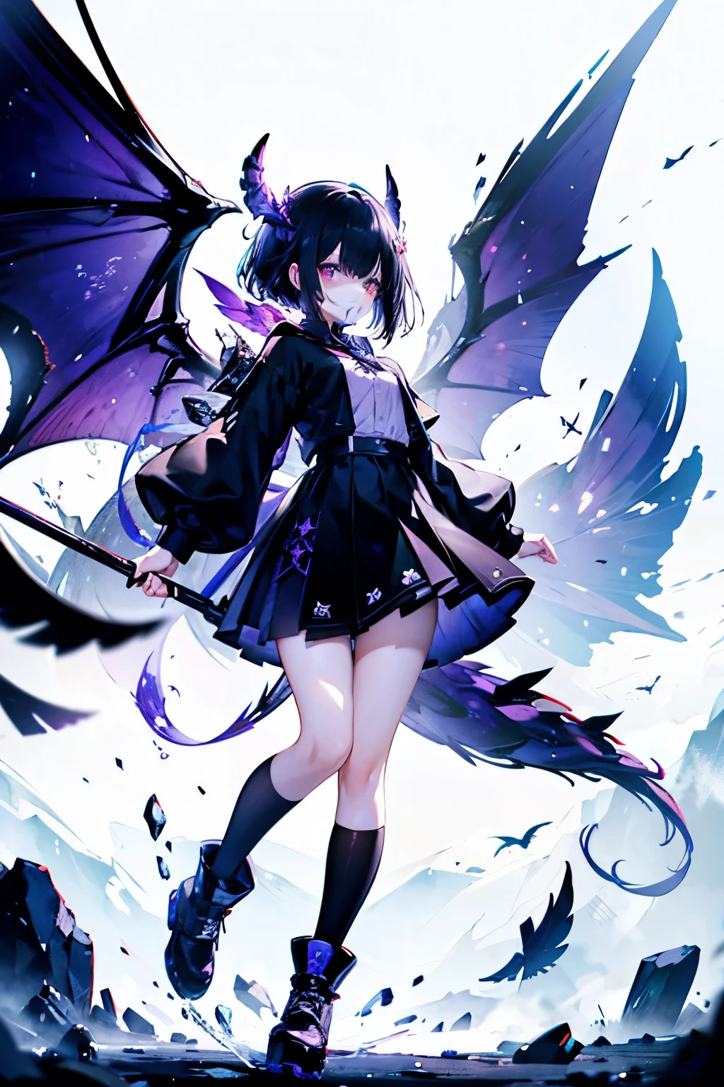 a dragon girl from the universe with short starry black hair with purple and black horns and a black tail with BLACK clothes and a skirt with star details full body with black boots and a star at the tip with a dark purple sock WITHOUT SENARIO AND WINGS