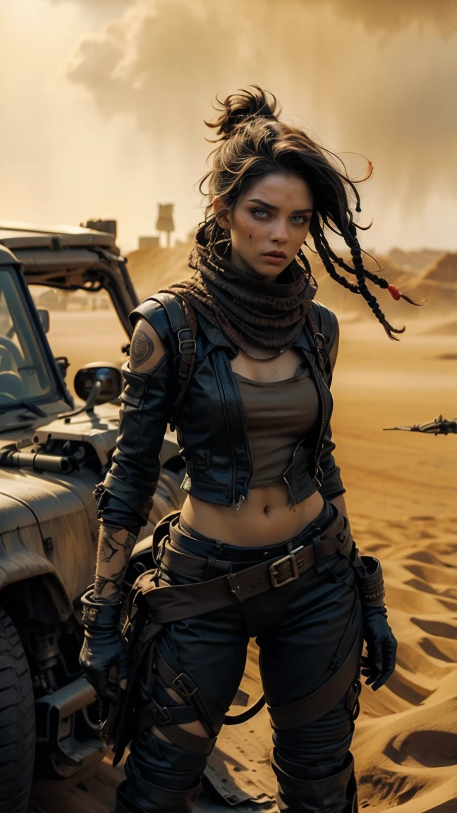 A hyperrealistic image at a high angle of: ((Una sexy mujer de piel palida, con rastas y ojos verdes, wears sexy, post-apocalyptic clothes in the style of Mad Max, desgarrada y con gran escote, armadura de chatarra de metal negro, wear dreadlocks with black and metallic thorn beads)), (Cabello largo color rojo despeinado, sucio), con maquillaje gotico, sombra de ojos amplio negro corrido, parada en el desierto sobre las dunas, orgullosa, soberbia, poderosa, athletic and scarred body, pelo color rojo despeinado con rastas y cuentas de metal negro y espinas. she is standing next to her battle car like Furiosa from the Mad Max saga, auto robusto oxidado y sucio lleno de picos y armas, desolate desert landscape. She is standing walking through the dunes of the post-apocalyptic desert, raytraced, viento, paisaje desolador y desertico, (aesthetics and atmosphere:1.2), poder, enojada, vengativa, ojos brillantes rojos como llamas，plano amplio, cuerpo completo. (foto cruda, mejor calidad), (realista, photo-realista:1.3), Obra maestra, un extremadamente perfecto y hermoso cuerpo tatuado totalmente, cuerpo palido extremadamente detallado, Best quality score, ultra dynamic pose, close up, high view, desertic and dark atmosphere, pose de odio, fist clenched in anger,  dunas decerticas, fist clenched in anger, alambre de puas.