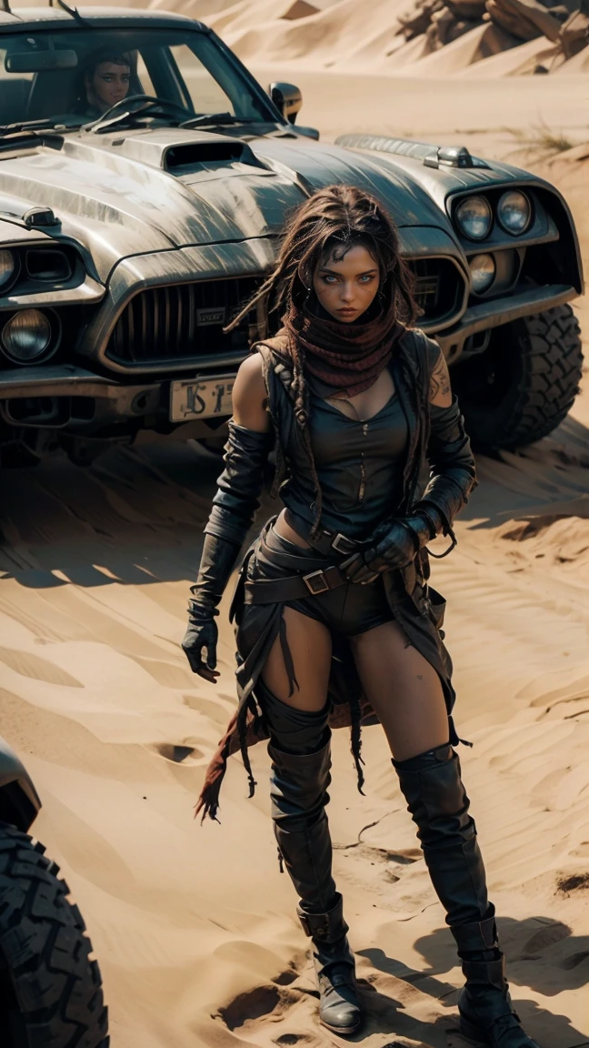 A hyperrealistic image at a high angle of: ((Una sexy mujer de piel palida, con rastas y ojos verdes, wears sexy, post-apocalyptic clothes in the style of Mad Max, desgarrada y con gran escote, armadura de chatarra de metal negro, wear dreadlocks with black and metallic thorn beads)), (Cabello largo color rojo despeinado, sucio), con maquillaje gotico, sombra de ojos amplio negro corrido, parada en el desierto sobre las dunas, orgullosa, soberbia, poderosa, athletic and scarred body, pelo color rojo despeinado con rastas y cuentas de metal negro y espinas. she is standing next to her battle car like Furiosa from the Mad Max saga, auto robusto oxidado y sucio lleno de picos y armas, desolate desert landscape. She is standing walking through the dunes of the post-apocalyptic desert, raytraced, viento, paisaje desolador y desertico, (aesthetics and atmosphere:1.2), poder, enojada, vengativa, ojos brillantes rojos como llamas，plano amplio, cuerpo completo. (foto cruda, mejor calidad), (realista, photo-realista:1.3), Obra maestra, un extremadamente perfecto y hermoso cuerpo tatuado totalmente, cuerpo palido extremadamente detallado, Best quality score, ultra dynamic pose, close up, high view, desertic and dark atmosphere, pose de odio, fist clenched in anger,  dunas decerticas, fist clenched in anger, alambre de puas.