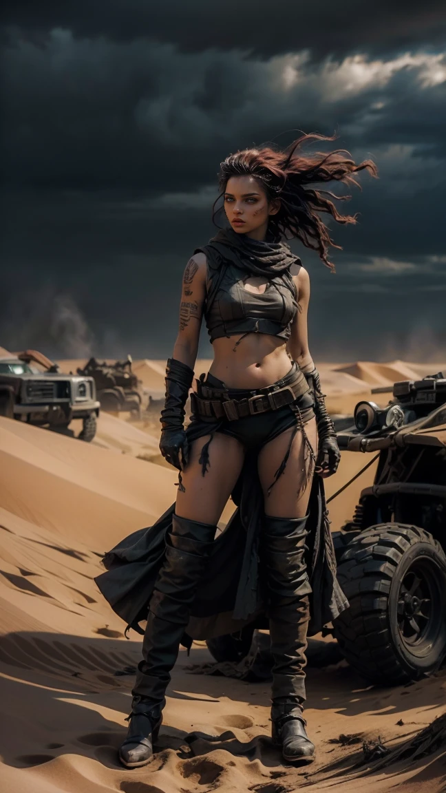 A hyperrealistic image at a high angle of: ((Una sexy mujer de piel palida, con rastas y ojos verdes, wears sexy, post-apocalyptic clothes in the style of Mad Max, desgarrada y con gran escote, armadura de chatarra de metal negro, wear dreadlocks with black and metallic thorn beads)), (Cabello largo color rojo despeinado, sucio), con maquillaje gotico, sombra de ojos amplio negro corrido, parada en el desierto sobre las dunas, orgullosa, soberbia, poderosa, athletic and scarred body, pelo color rojo despeinado con rastas y cuentas de metal negro y espinas. she is standing next to her battle car like Furiosa from the Mad Max saga, auto robusto oxidado y sucio lleno de picos y armas, desolate desert landscape. She is standing walking through the dunes of the post-apocalyptic desert, raytraced, viento, paisaje desolador y desertico, (aesthetics and atmosphere:1.2), poder, enojada, vengativa, ojos brillantes rojos como llamas，plano amplio, cuerpo completo. (foto cruda, mejor calidad), (realista, photo-realista:1.3), Obra maestra, un extremadamente perfecto y hermoso cuerpo tatuado totalmente, cuerpo palido extremadamente detallado, Best quality score, ultra dynamic pose, close up, high view, desertic and dark atmosphere, pose de odio, fist clenched in anger,  dunas decerticas, fist clenched in anger, alambre de puas.