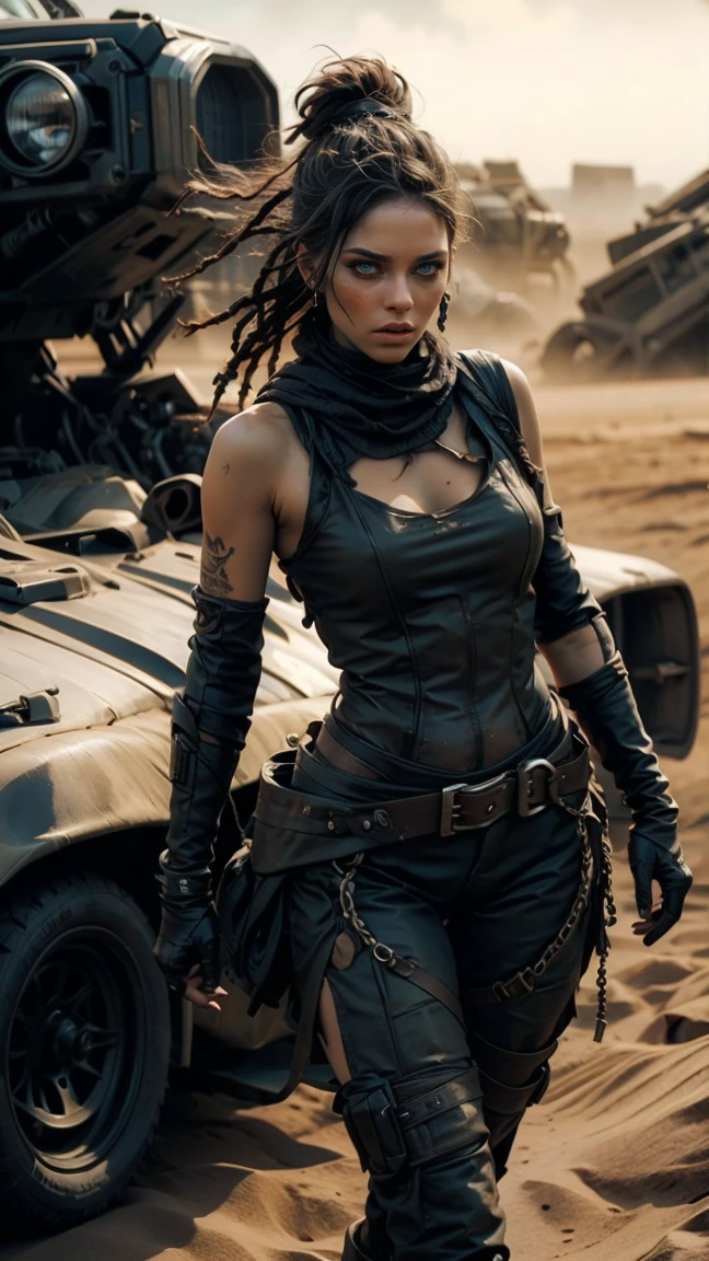 A hyperrealistic image at a high angle of: ((Una sexy mujer de piel palida, con rastas y ojos verdes, wears sexy, post-apocalyptic clothes in the style of Mad Max, desgarrada y con gran escote, armadura de chatarra de metal negro, wear dreadlocks with black and metallic thorn beads)), (Cabello largo color rojo despeinado, sucio), con maquillaje gotico, sombra de ojos amplio negro corrido, parada en el desierto sobre las dunas, orgullosa, soberbia, poderosa, athletic and scarred body, pelo color rojo despeinado con rastas y cuentas de metal negro y espinas. she is standing next to her battle car like Furiosa from the Mad Max saga, auto robusto oxidado y sucio lleno de picos y armas, desolate desert landscape. She is standing walking through the dunes of the post-apocalyptic desert, raytraced, viento, paisaje desolador y desertico, (aesthetics and atmosphere:1.2), poder, enojada, vengativa, ojos brillantes rojos como llamas，plano amplio, cuerpo completo. (foto cruda, mejor calidad), (realista, photo-realista:1.3), Obra maestra, un extremadamente perfecto y hermoso cuerpo tatuado totalmente, cuerpo palido extremadamente detallado, Best quality score, ultra dynamic pose, close up, high view, desertic and dark atmosphere, pose de odio, fist clenched in anger,  dunas decerticas, fist clenched in anger, alambre de puas.