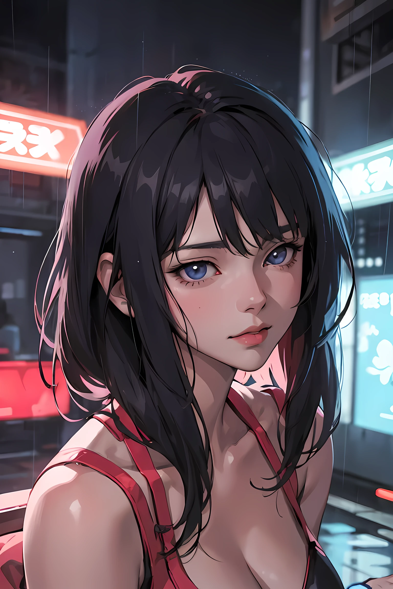 Masterpiece, best quality, Anime art of ghost in the shell, detailed scene, red, perfect face, intricately detailed photorealism, neon lights, rainy day, ray-traced environment, vintage 90's anime artwork.