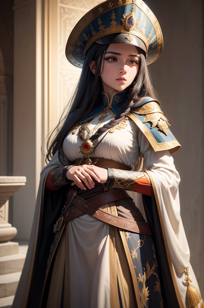 She is a Janissary a member in the elite infantry units that formed the Ottoman Sultan's household troops in the times of the fall of Constantinople, ((Best quality)), ((masterpiece)), (highly detailed:1.3), Depth-of-field, Multi-layered textures, HDR (High Dynamic Range), Ray Tracing, NVIDIA RTX, Unreal 5, Subsurface scattering, PBR Texturing, Post-processing, Anisotropic Filtering, Maximum clarity and sharpness, Wide aperture, Low ISO, White balance, Rule of thirds, 8K RAW, art, neoclassical painting, mural, Venetian painting style, oil painting,