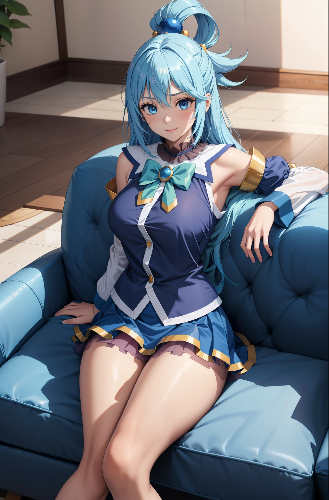 konosubaaqua, goddess of water, long blue hair with waves like waves, deep blue eyes like the sea, hair ornament, pretty hair, blue hair, hair rings, lying lazily on a sofa, mischievous smile, conceited, very short skirt with waves, white stripes under the skirt, blue button-down shirt, exposed thighs, bare shoulders, separated sleeves, white thighs, legs open and separated, lying on the sofa with her arms and legs legs apart, very short skirt shows off her curves, dark blue shirt, green bow decoration on the neck, indoors, home, alcoholic drink on the floor, beer, mug, holding the cup, drinking, looking at the viewer, shot of cowboy, dutch angle,
 