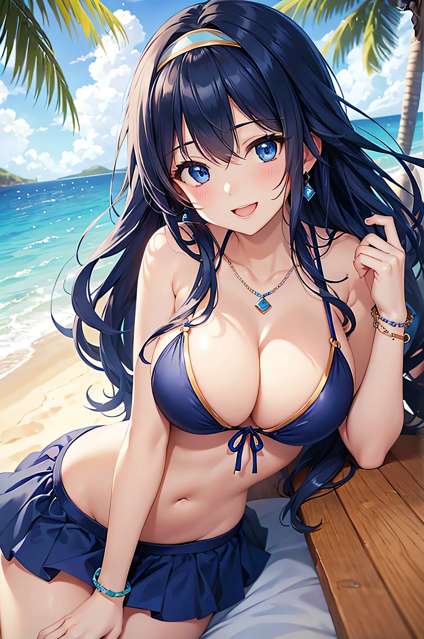 highest quality、Best image quality、masterpiece、beautiful girl、Navy blue long hair、blue eyes、Navy Blue Bikini、Big cleavage、(Big Breasts)、smile、blue necklace、Blue Earrings、background(Beach)、Sexy pose、Please open your mouth wide、White headband、Put your chest together、bracelet