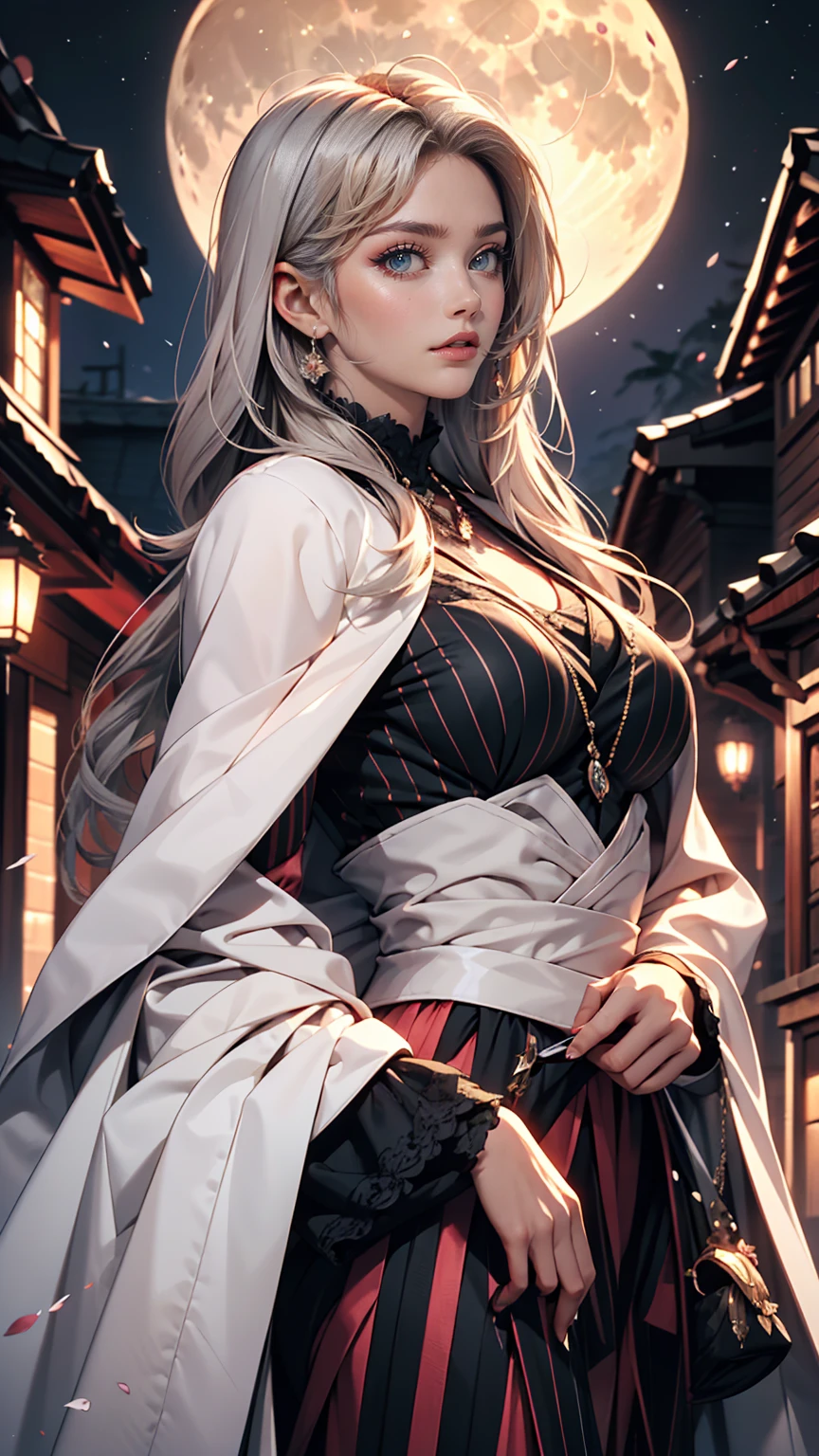 masterpiece, Awesome girl, Night moon Full moon, 1 female, Mature Woman, younger sister, Royal younger sister, Cold Face, Expressionless, A woman with long silvery white hair, Pale pink lips, Calm, intellectual, Three-striped grey eyes, Assassin&#39;s Short Knife, Flower ball background, Hand Detail, Finger details, Facial details, Eye details,