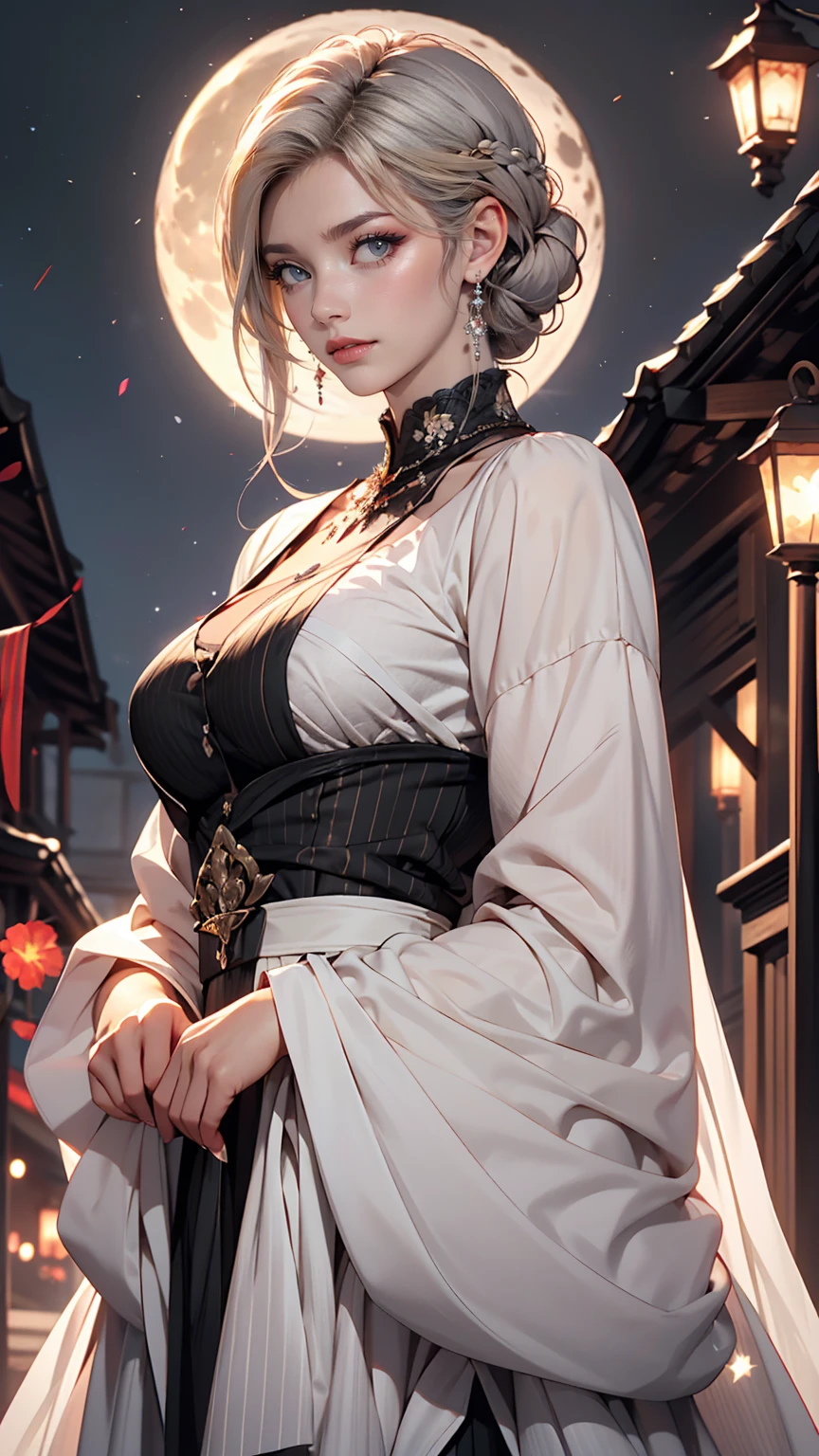 masterpiece, Awesome girl, Night moon Full moon, 1 female, Mature Woman, younger sister, Royal younger sister, Cold Face, Expressionless, A woman with long silvery white hair, Pale pink lips, Calm, intellectual, Three-striped grey eyes, Assassin&#39;s Short Knife, Flower ball background, Hand Detail, Finger details, Facial details, Eye details,