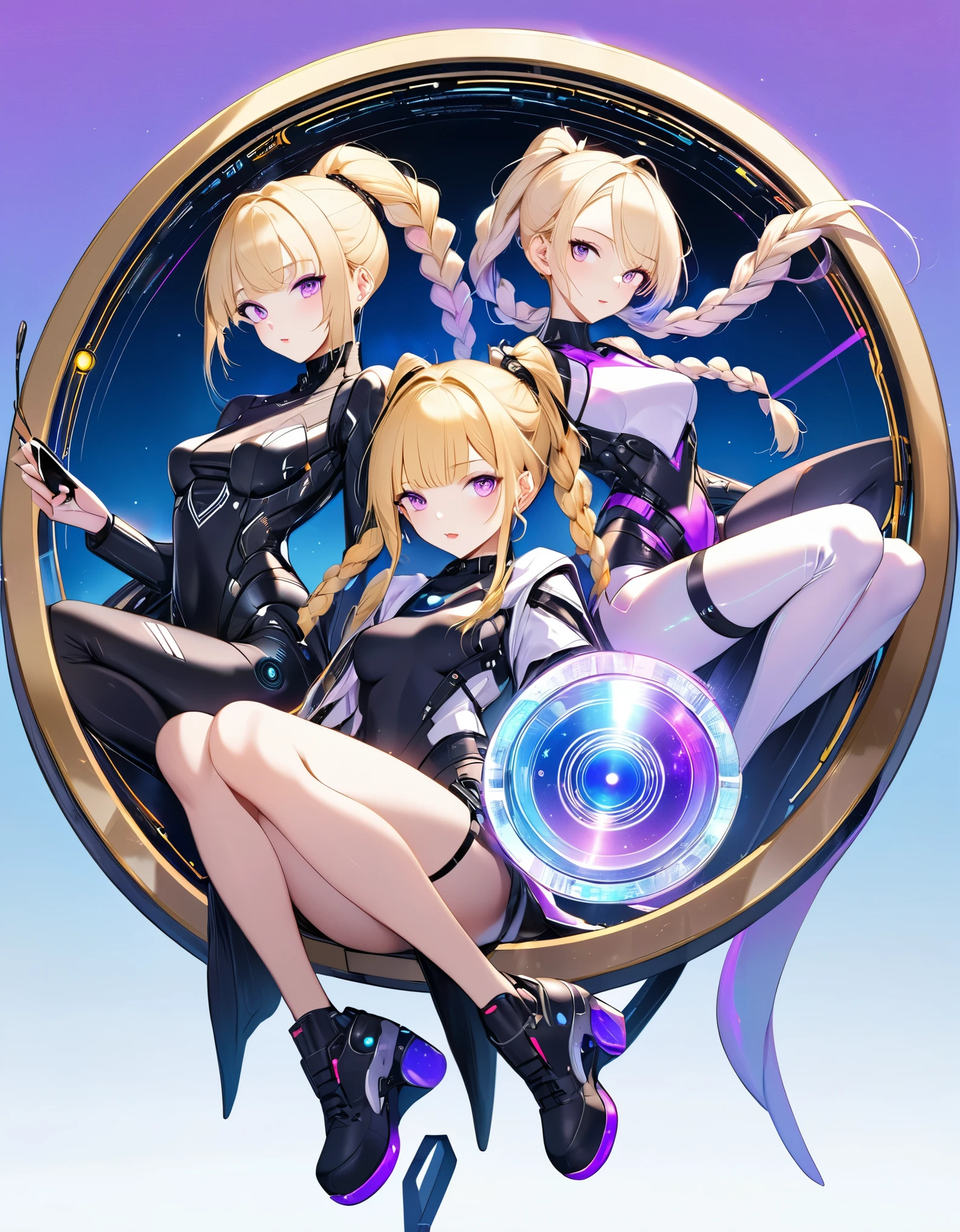 selfie, best quality, super fine, 16k, incredibly absurdres, extremely detailed, delicate and dynamic, (two cool and beautiful pretty cyber women:1.7), (cute cyber woman with purple eyes and braided low twin tails with gradient from white to purple at the ends), and (cool beauty cyber woman with gold eyes and blonde ponytail), sitting on a giant magic circle disk, analyzed iridescent pastel color background, various image beauty effects, motion blur, action blur, speed line, (magnificent view:1.2)